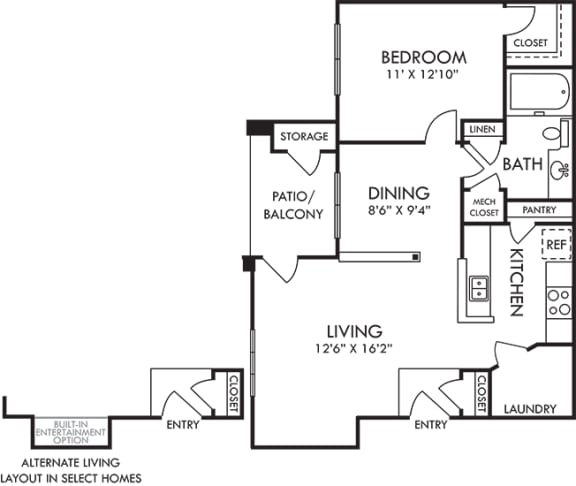 Allegro. 1 bedroom apartment. Kitchen with bartop open to living/dinning rooms. 1 full bathroom. Walk-in closet. Patio/balcony. Alternate Living Room layout with bump out and optional built-in entertainment shelves.